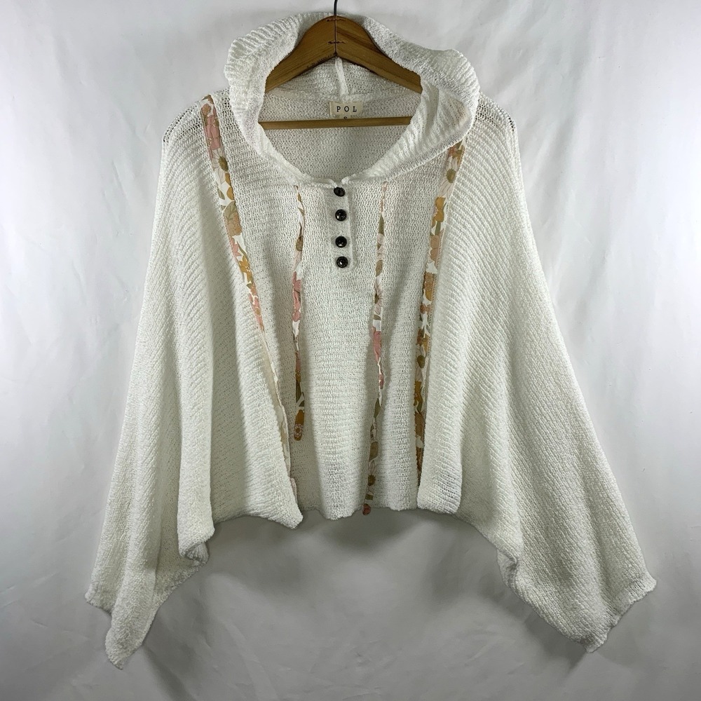 POL Womens Boho Open Knit Hooded Oversized Poncho Sweater Small Cottage Slouchy
